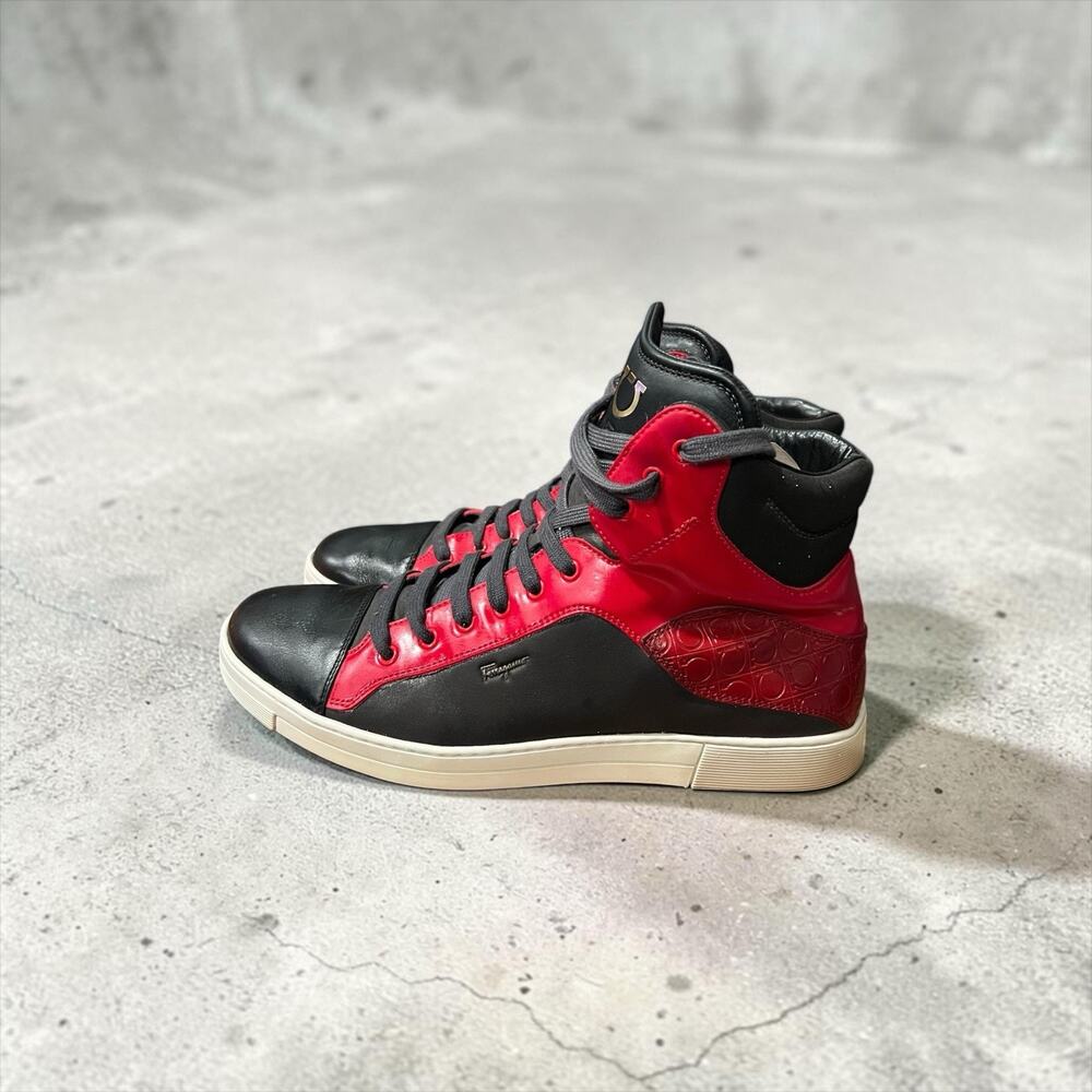 Ferragamo Men's Gancini High-Top Leather Sneakers Black Red Size 11D